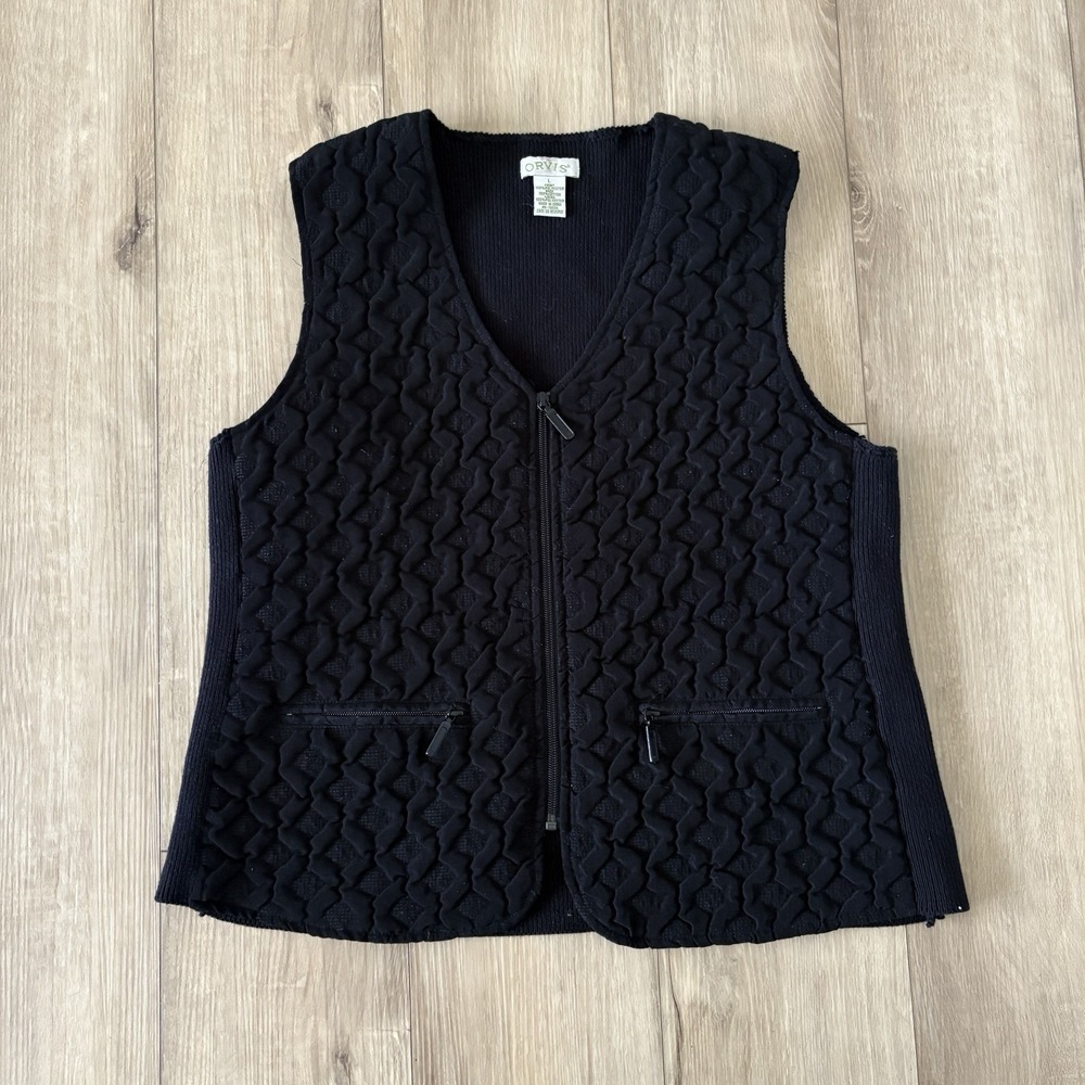 Orvis Womens Quilted Black Vest Polyester Blend Full Zip Mock Neck Size Large
